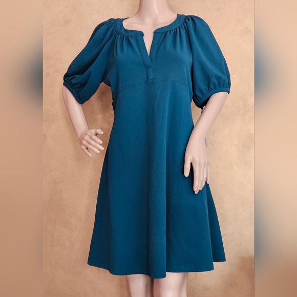 NWT CALVIN KLEIN Split Neck Puff Sleeve Empire Waist A Line Teal Dress 12P - Picture 1 of 6